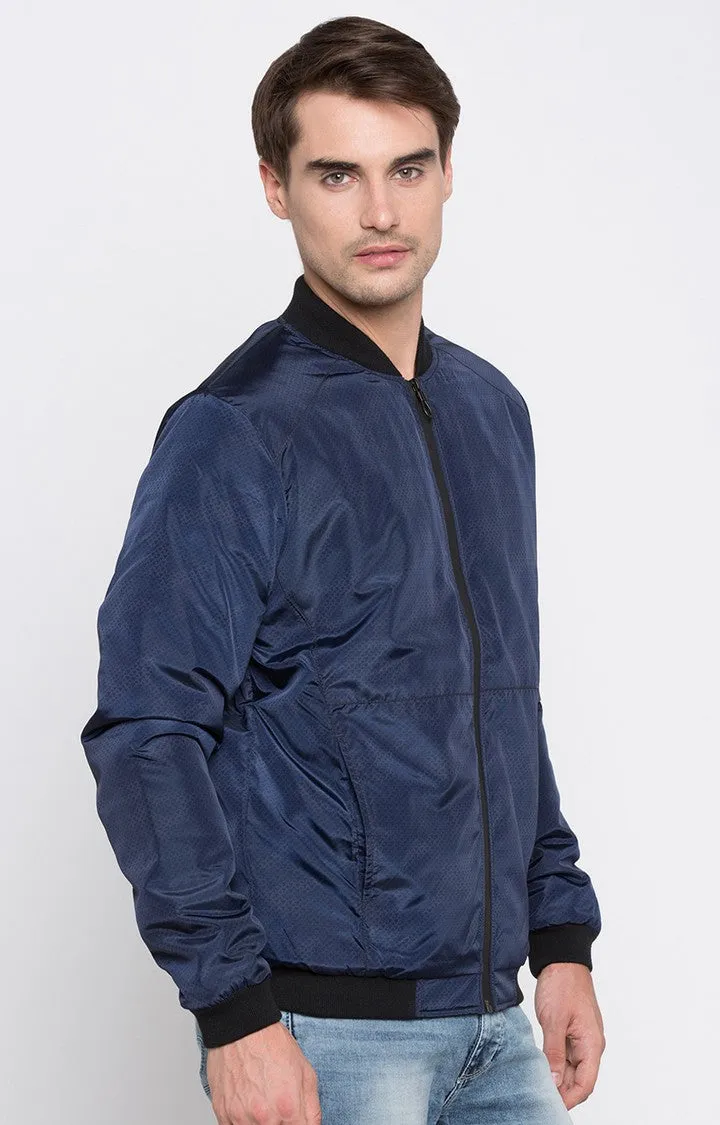 Spykar Men Blue Cotton Regular Fit Bomber Jacket