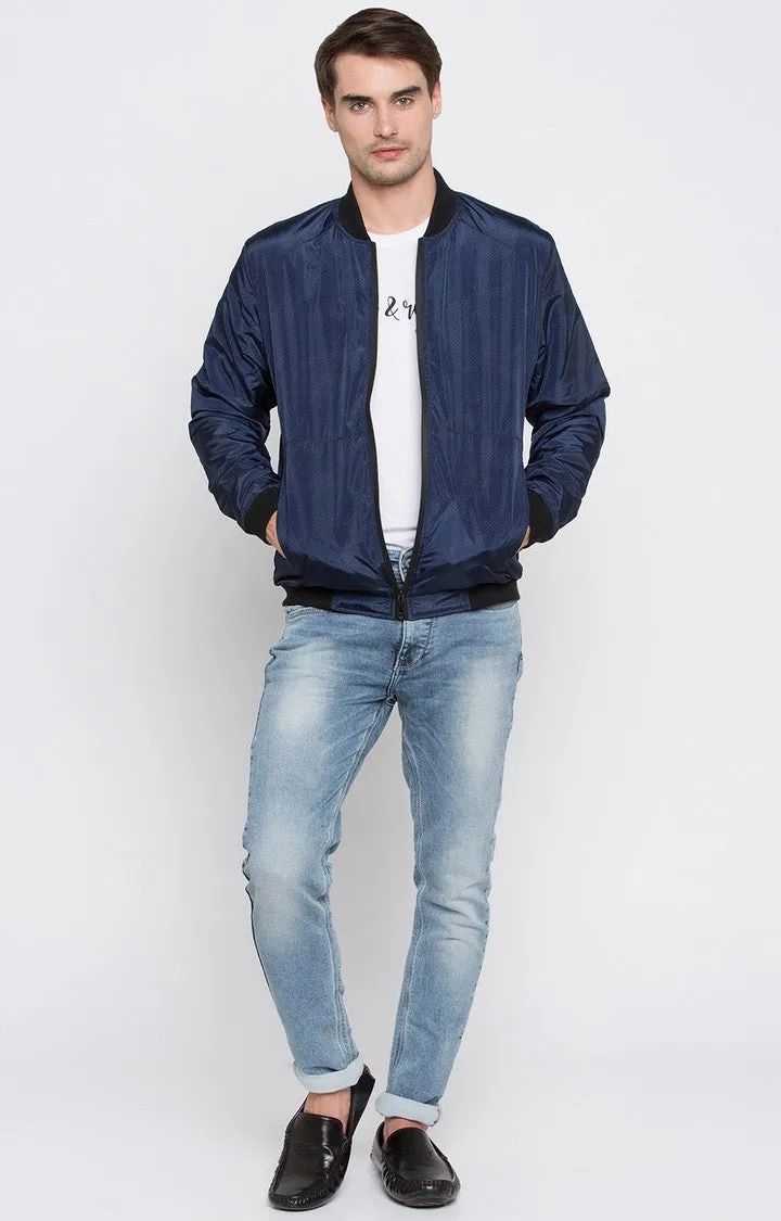 Spykar Men Blue Cotton Regular Fit Bomber Jacket