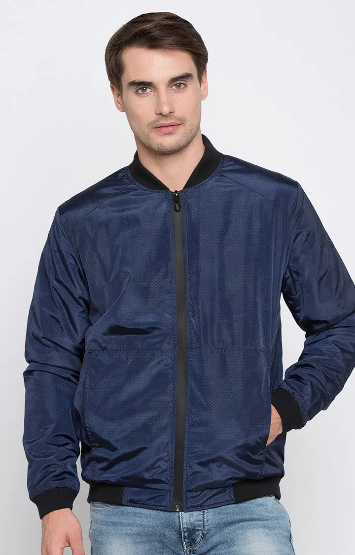 Spykar Men Blue Cotton Regular Fit Bomber Jacket