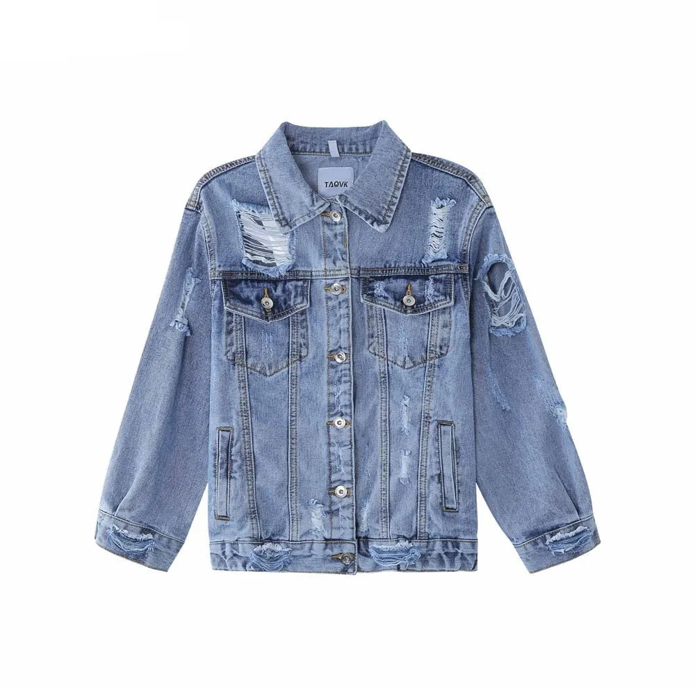 Wenkouban Women's  Casual Short Jean Jacket Sexy Denim Jackets Solid Casual Blue Cowboy Jackets Hole Loose Jean Coats