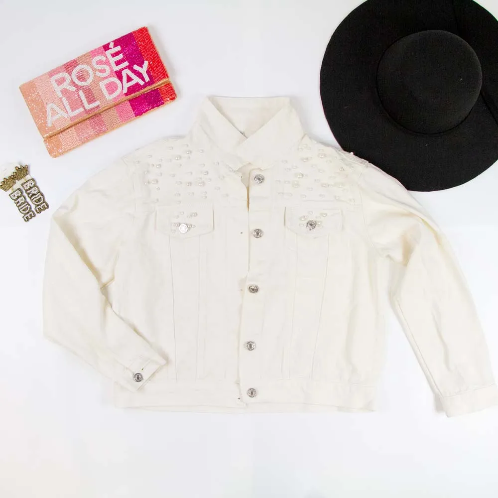 (White Pearl) Mrs Last Name  Pearl Jean Jacket (EST)