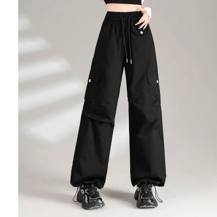 Womens Cotton Drawstring Waist Wide Leg Cargo Pants