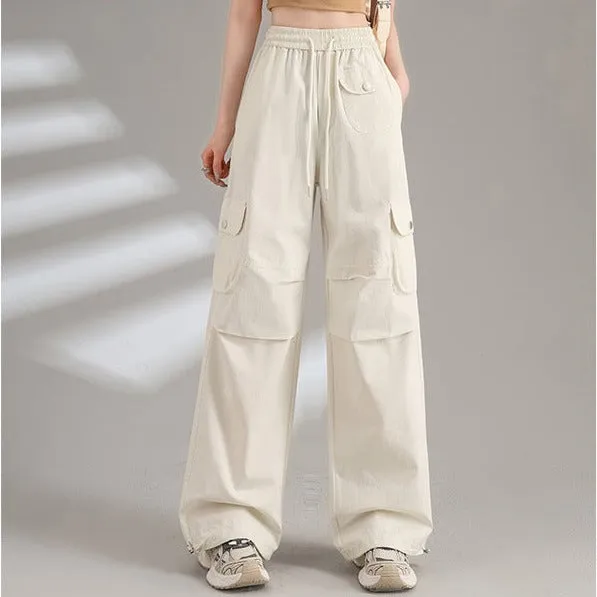 Womens Cotton Drawstring Waist Wide Leg Cargo Pants