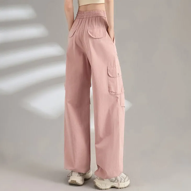 Womens Cotton Drawstring Waist Wide Leg Cargo Pants