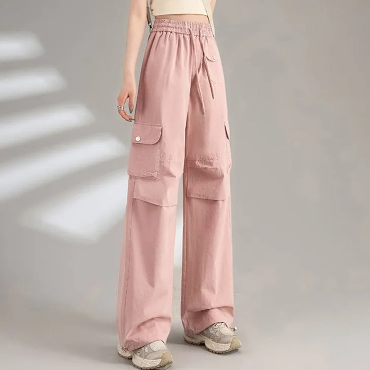 Womens Cotton Drawstring Waist Wide Leg Cargo Pants