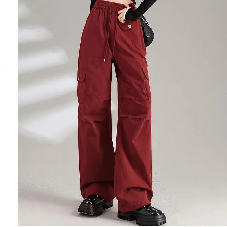 Womens Cotton Drawstring Waist Wide Leg Cargo Pants