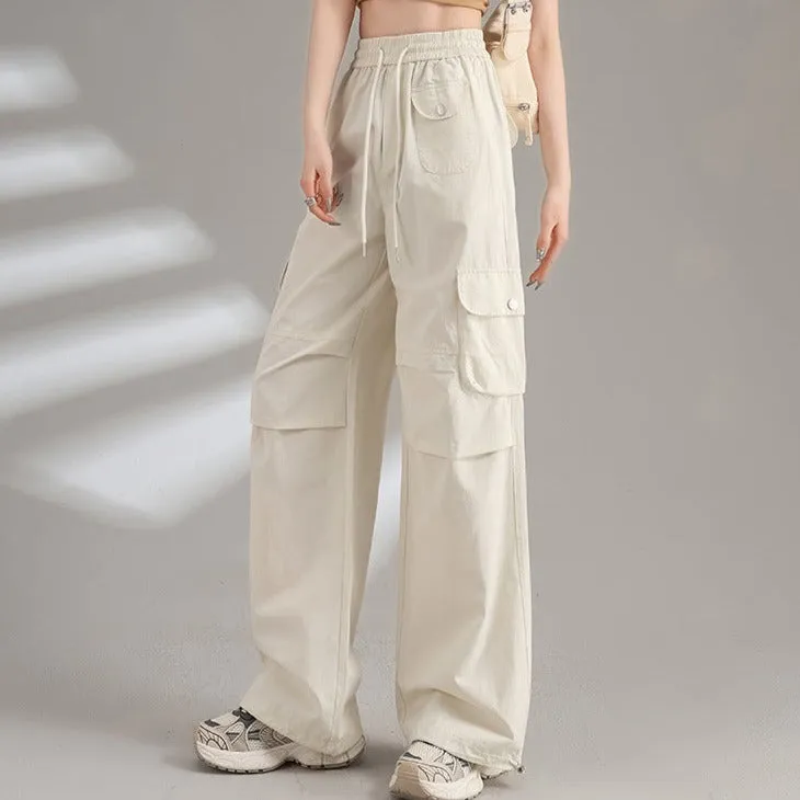 Womens Cotton Drawstring Waist Wide Leg Cargo Pants