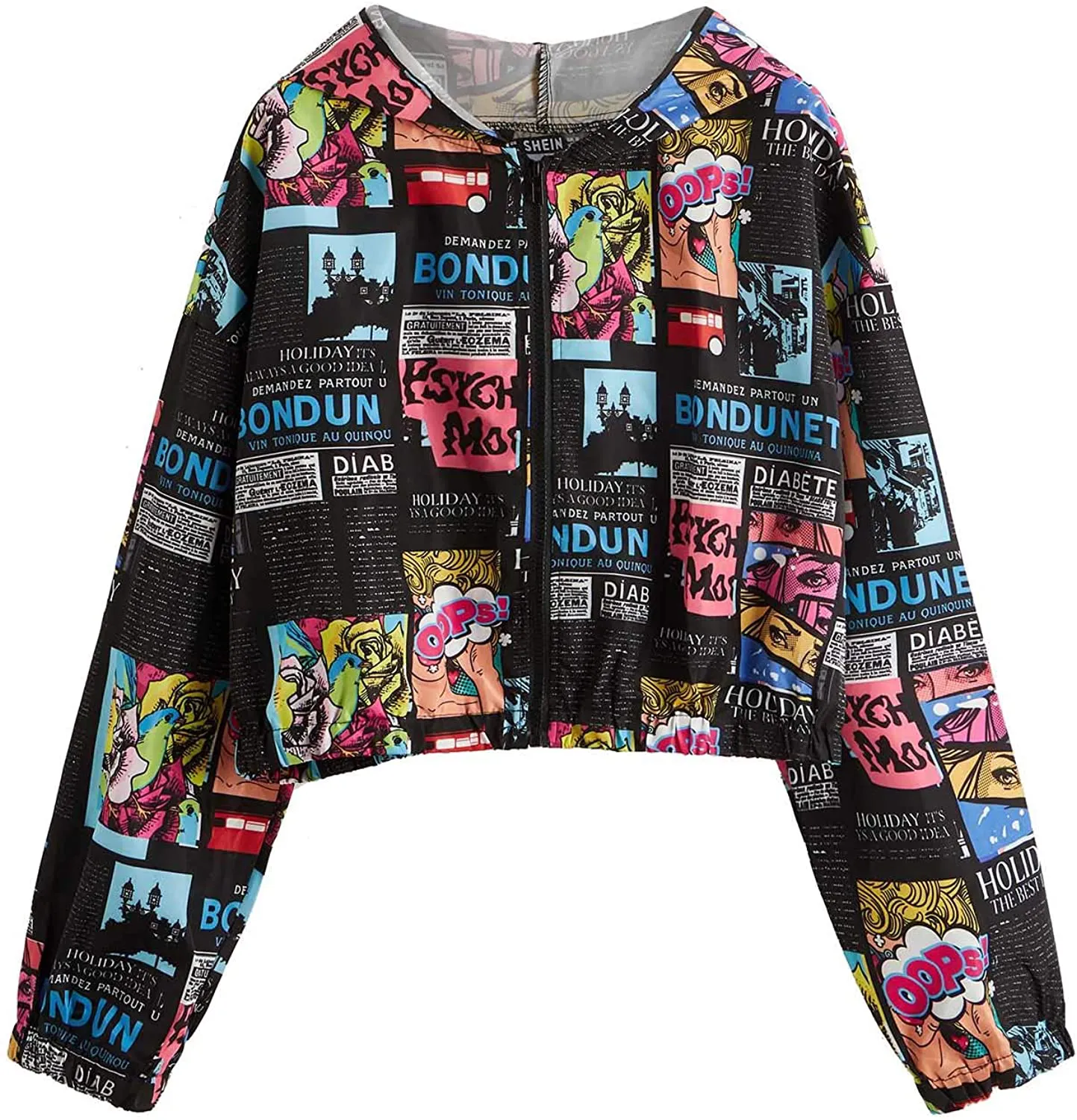 Women's Fashion Long Sleeve Comic Print Crop Bomber Zipper Jacket