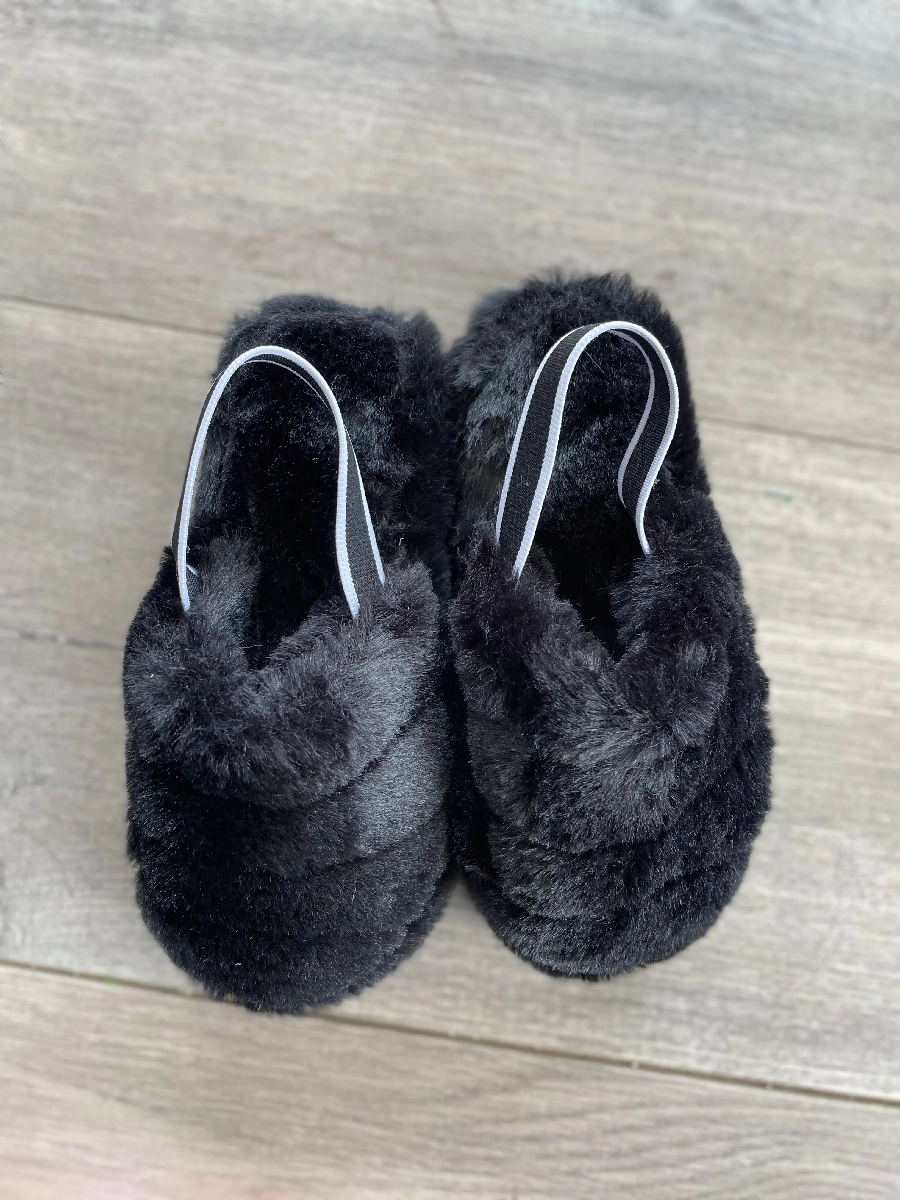 Youth Black Furry Slip-on Shoes